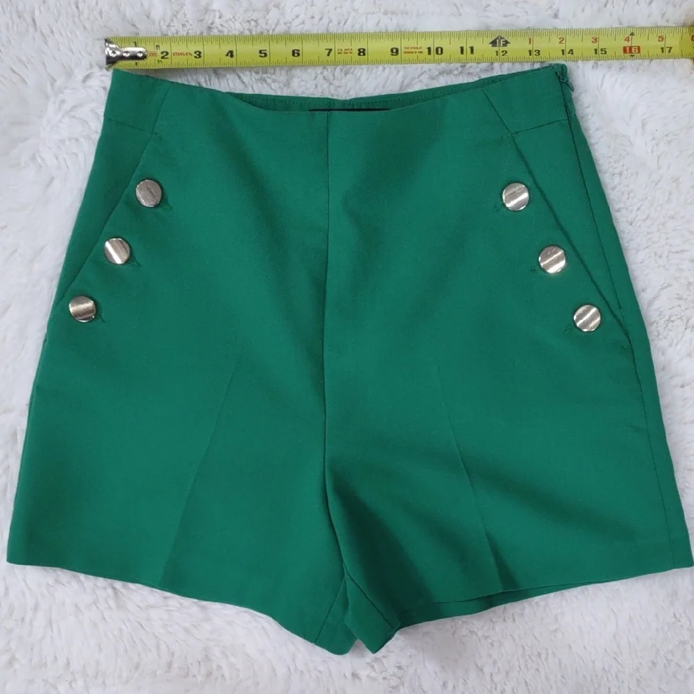 ZARA High Waisted Green Women's Shorts with Button Detail - Picture 8 of 16